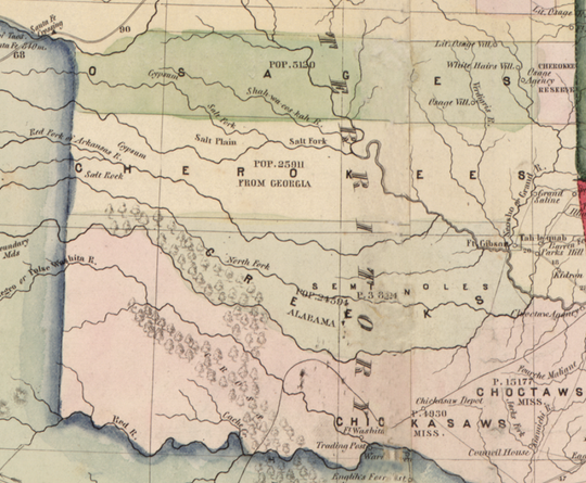 Cherokee, Chickasaw, Osage, Seminole reservations in 1847 with population data