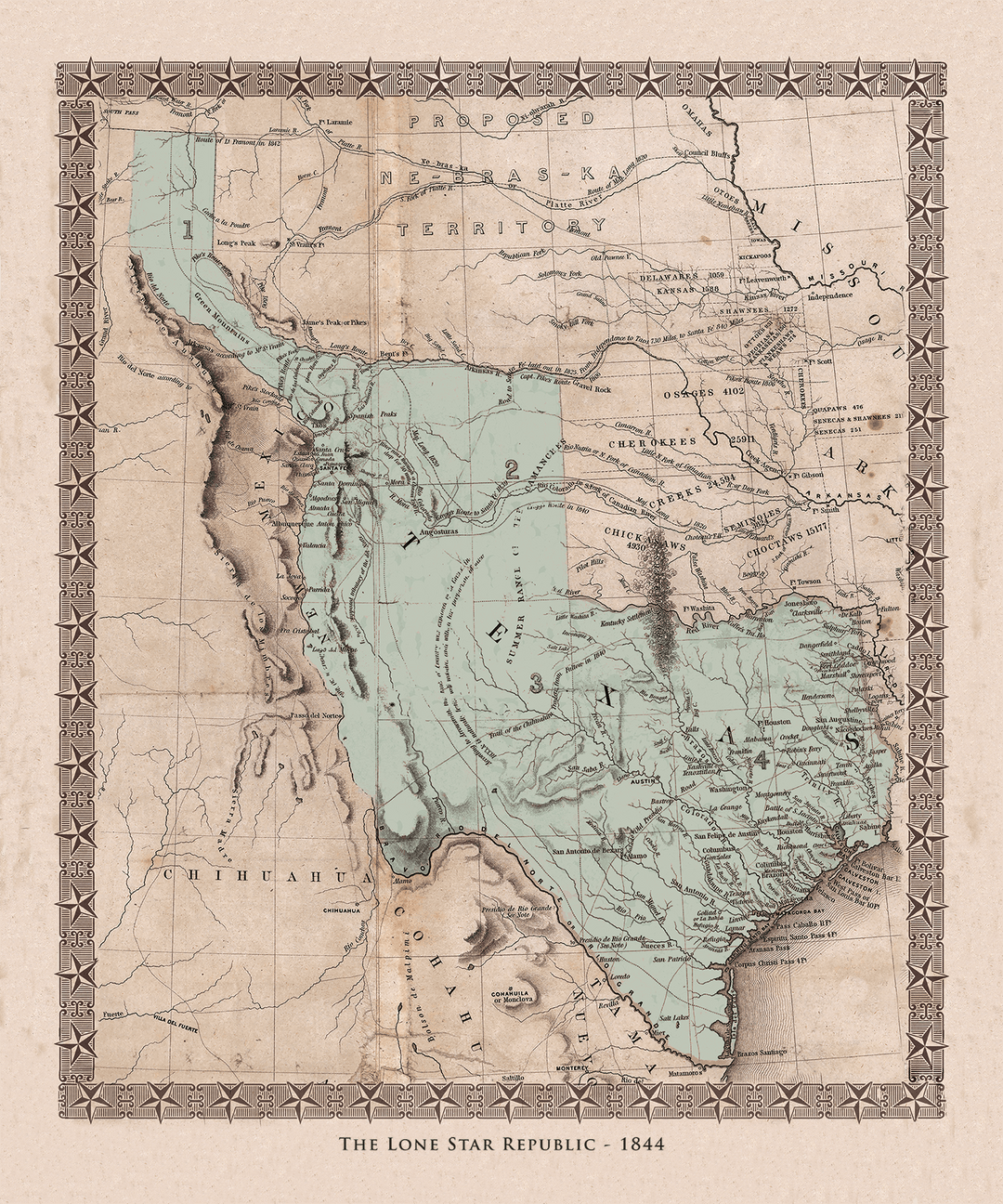 Emory's Republic of Texas in 1844 Map - Fine Art Print - Copano Bay Press
