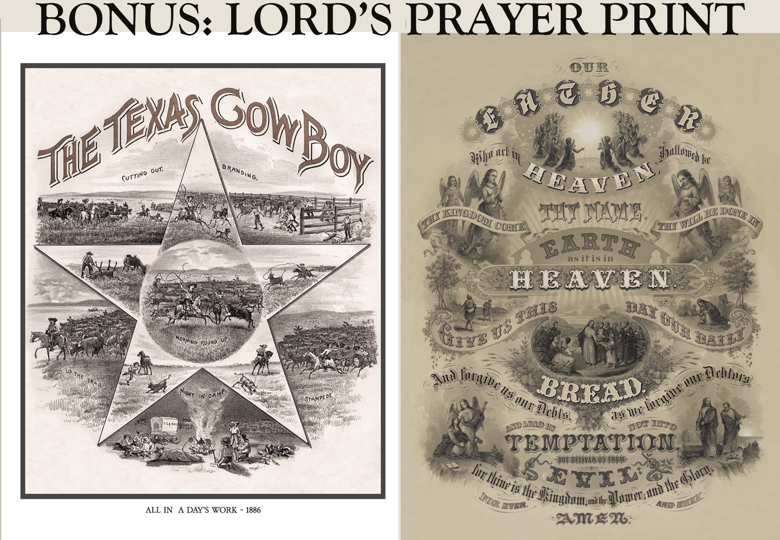 The Texas Cowboy - 1886 + The Lord's Prayer Fine Art Prints - Copano Bay Press