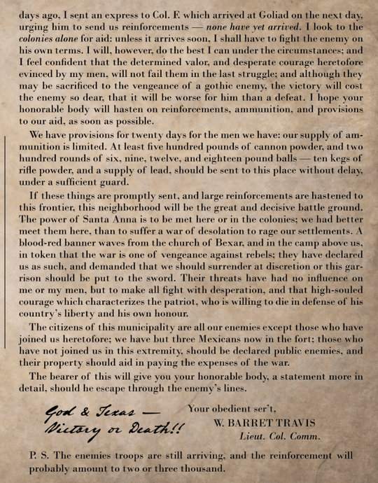 William Barret Travis' "God & Texas" Alamo Letter - Fine Art Print - Copano Bay Press