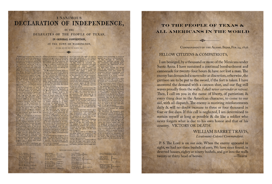Texas Declaration of Independence & Travis' "Victory or Death" Letter (2 print set)