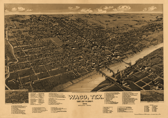 Bird's - Eye View of Waco - 1886 - Fine Art Print - Copano Bay Press